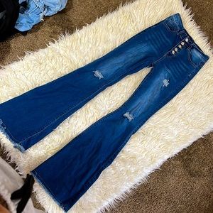 Denim flare jeans distressed knees
